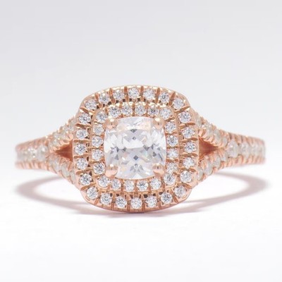 0.46 Ct Lab Grown Diamond Ring 14K Gold Cushion Double Halo Pavé Band Ring