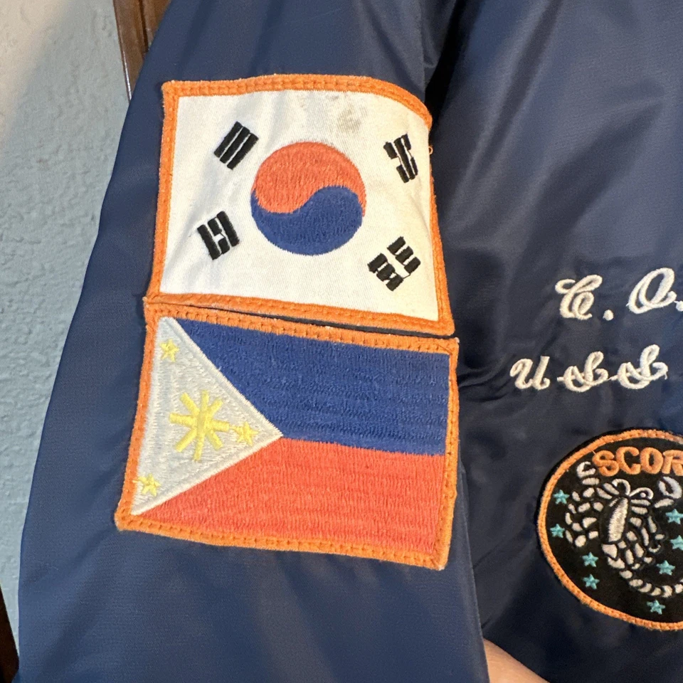 Chaqueta Schott Souvenir MA-1 Hombres 3XL Azul Corea Filipinas Tour Bombardero Marina Ejército Foto 4 de 4