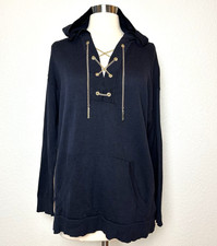 Michael Michael Kors Hooded Sweater Womens S Navy Pocket Gold Chain Lace Up