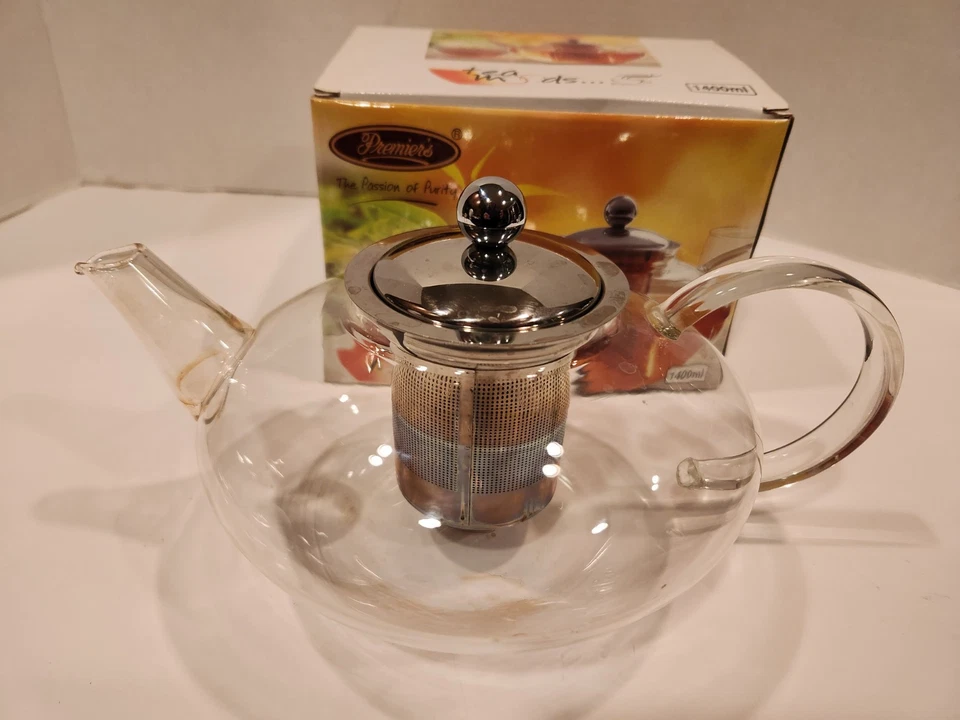 Tetera de vidrio transparente verde/negro resistente al calor acero inoxidable Premiers 1400 ml Foto 2 de 4