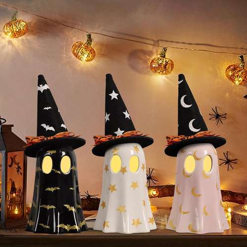Halloween Decor Indoor, Set of 3 Ceramic Ghosts with Witch Hats, Cute Spooky Gho - Picture 12 of 14