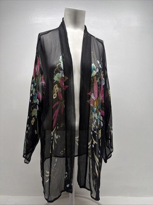 Citron Kimono Cardigan Top 100% Silk Sheer Floral Lightweight Black Plus Size 1X