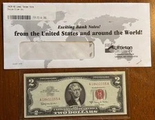 1963A $2 Legal Tender Note UNC RED & 1995 $2 Fed Reserve Uncirculated-Littleton