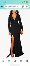 Women’s Black Deep V Neck Long Dress Front Slit Long Sleeve Size M