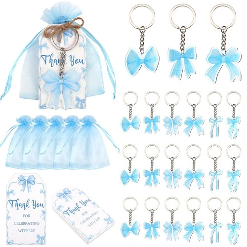 Serencatcher Blue Bow Party Favors Set 24pcs Keychains, Thank You Tags, Organza