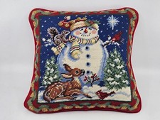 Snowman Woodland Animals Needlepoint Pillow 14 x 14 Xmas Fawn Cardinals Squirrel