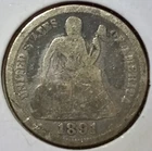 1891-O SEATED LIBERTY 90% SILVER DIME (GOOD DETAILS)