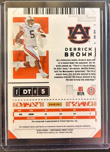 Derrick Brown AUTO~RC Contenders College Ticket 2020 Rookie Autograph Panthers - Picture 2 of 2