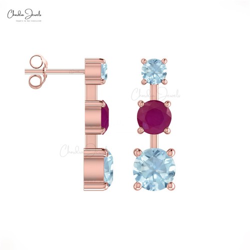 1.64 CTW Ruby & Aquamarine Three Stone Stud Earrings in 14K Solid Gold Jewelry - Picture 2 of 23