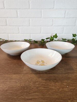 Set of 3 Vintage Japan NARUMI Fine China Salad / soup bowls Yellow & Gray leaf
