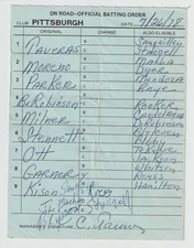 7-26-78 Pittsburgh Pirates Game Used Lineup Card - Dave Parker & Willie Stargell