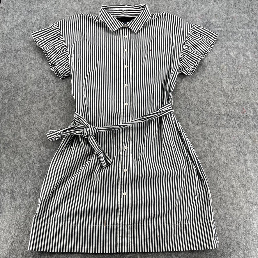 Tommy Hilfiger Womens Navy Blue Striped Belted Button Dress Size 10 with Stain