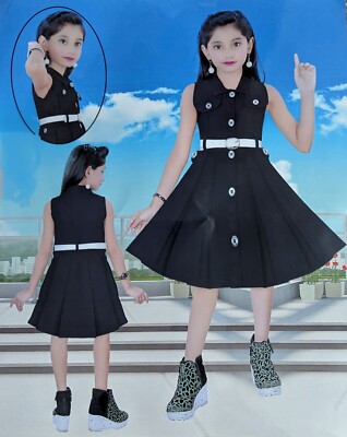 Girls Summer Cotton Dress Black Collared Belted ButtonCasual Knee Length  3T-6TYr | eBay