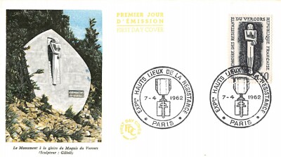 Sobre FDC Francia ALTOS LUGARES DE LA RESISTENCIA 1962 PARÍS N1