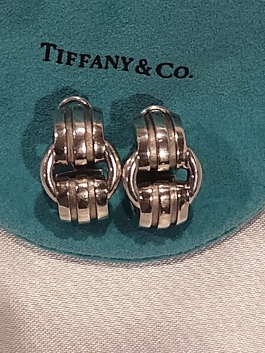Vintage 925 Sterling Tiffany Atlas Buckle Groove Hoop Omega & Post Back Earrings - Picture 7 of 18