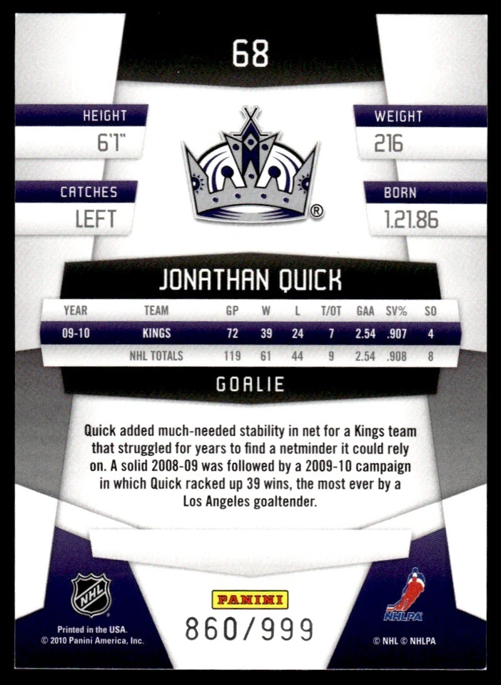 2010-11 Panini Certified RED Jonathan Quick /999 #68 - Image 2 of 2