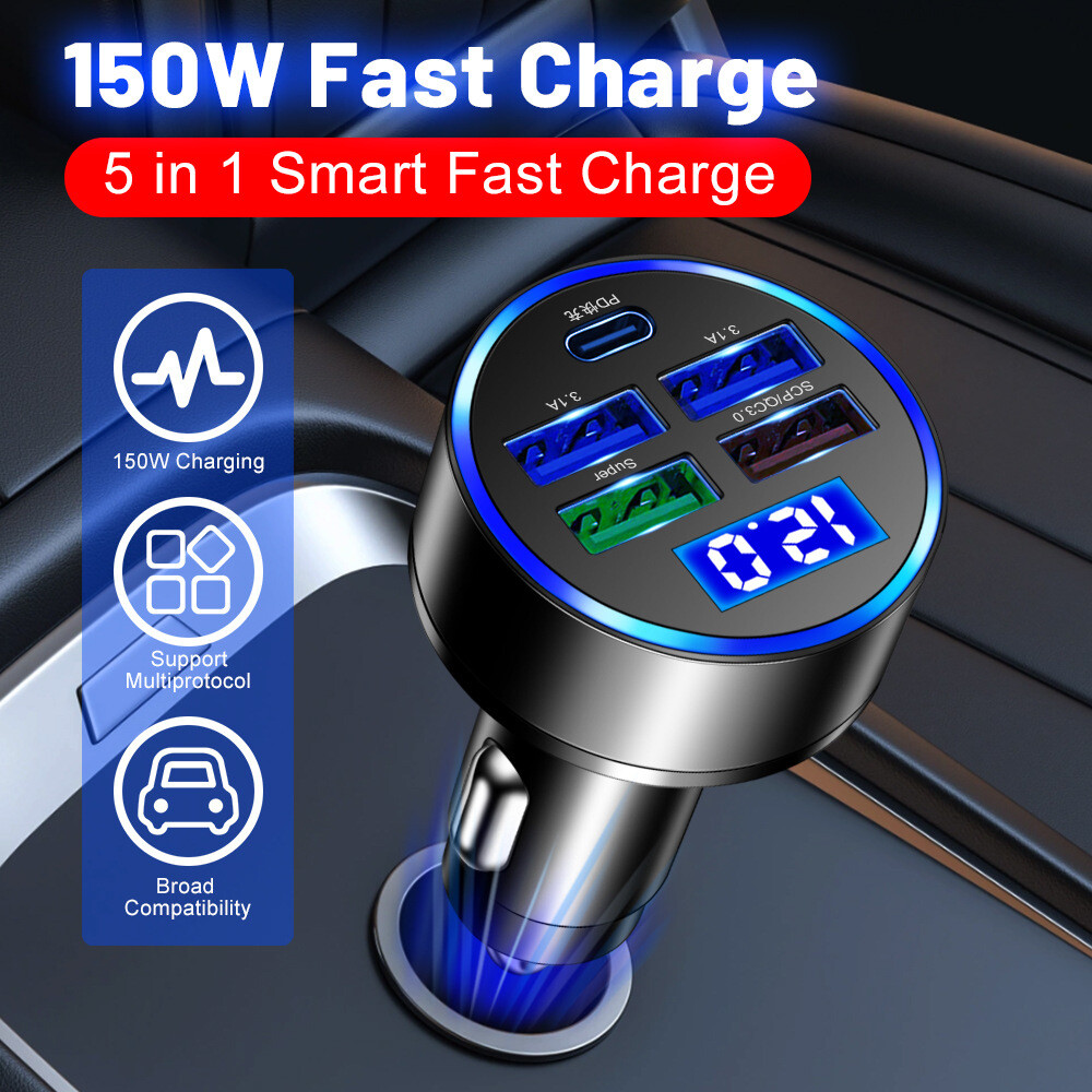 150W Fast Charging Car Charger PD USB Type C Phone AdapterQuick Car