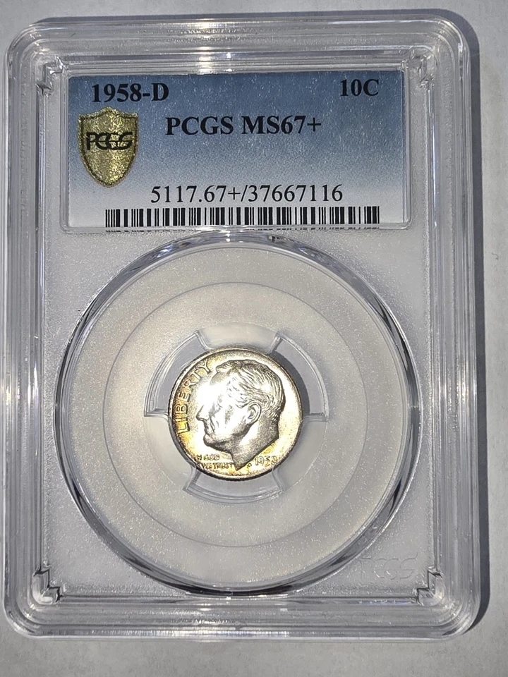 MS67+ 1958-D 10C Roosevelt Silver Dime, PCGS 67 PLUS Gold Shield - Rainbow Toned - Image 2 of 4
