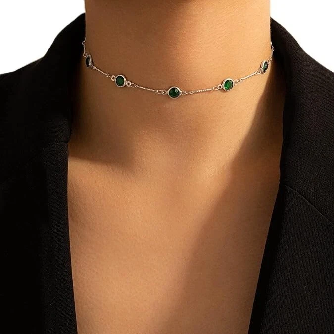14K White Gold Over 6 Ct Round Cut Lab-Created Emerald Women Choker Necklace 15" - Image 2 of 4