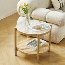 19.6" 2-Tier Round Boho Rattan Coffee Table Side Table with Glass Top, Metal leg