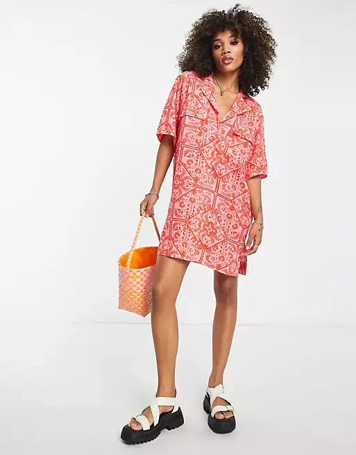 ASOS PINK RED FLORAL BANDANA BUTTONED OVERSIZED SHORT SLEEVE SHIRT DRESS 10