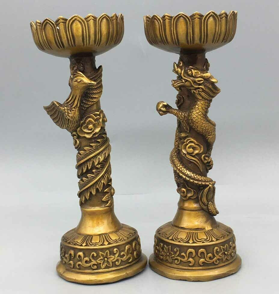 China Old Tibet Buddhism Xuande Mark Bronze Gilt Dragon Phoenix Candlestick Pair
