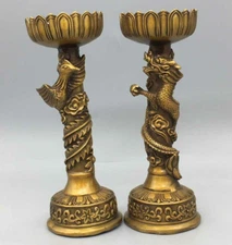 China Old Tibet Buddhism Xuande Mark Bronze Gilt Dragon Phoenix Candlestick Pair