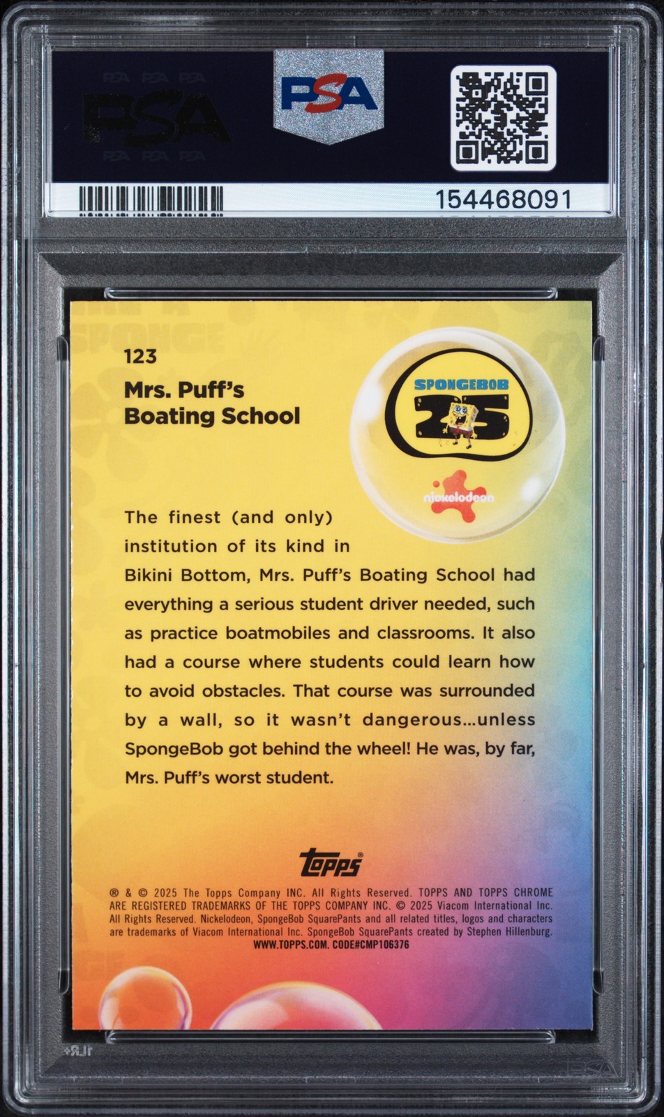 2025 TOPPS CHROME SPONGEBOB 25TH ANV BLUE MRS. PUFF'S BOATING SCHOOL /150 PSA 10 view 2