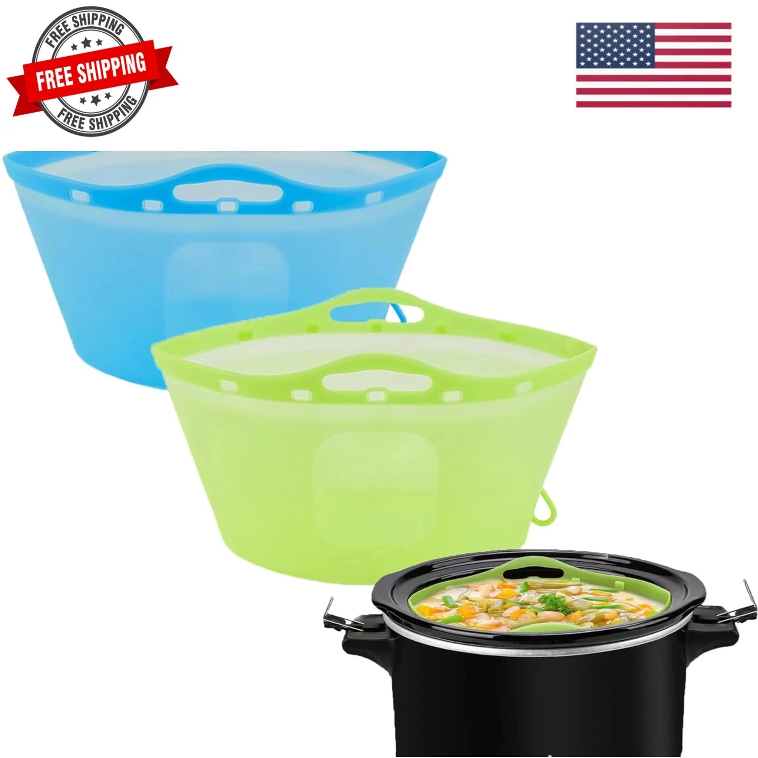 2pcs Silicone Slow Cooker Liners, Foldable Slow Cooker Liners for 6-7-8 Quart...