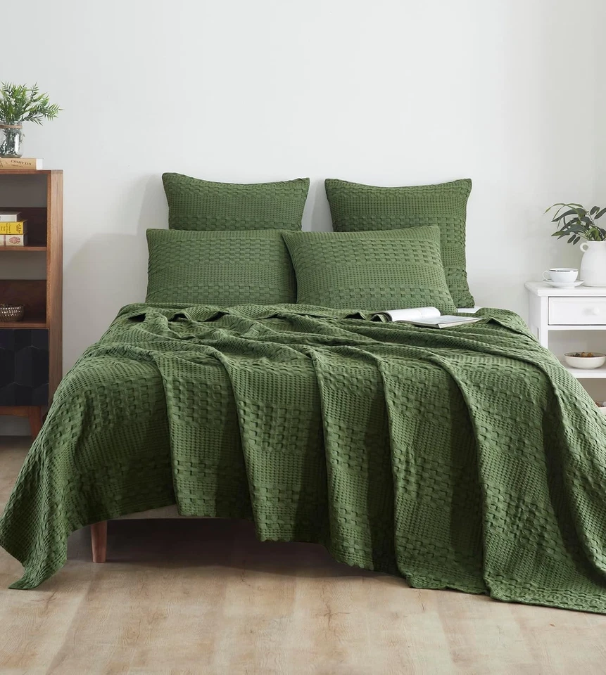 VHC Brands 100% Cotton Waffle Weave Queen (90"x90"), Olive Green  - Image 4 of 4