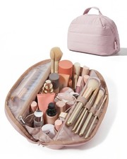 BAGSMART Travel Makeup Bag for Women, Portable Fold-down Cosmetic Baby Pink