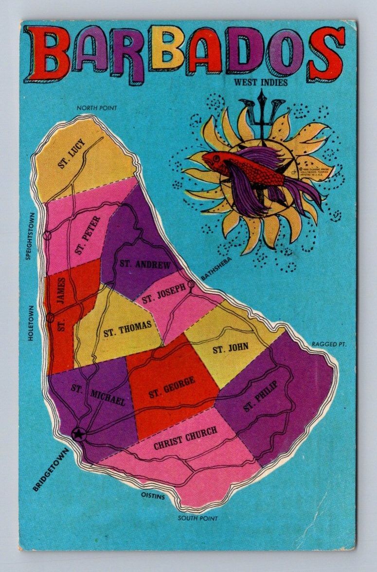 Vintage Barbados Postcard BRIDGETOWN Parish Map Flying Fish 1969