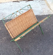 Vintage Folding Vintage Modern Green Frame Metal and Wicker/Rattan Magazine Rack