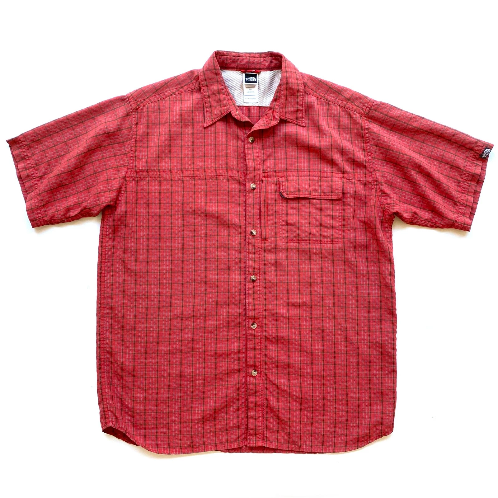 The North Face Mens Short Sleeve Button Up Hiking Shirt Size L Red Plaid Modal