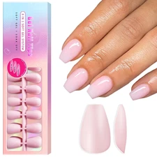 Soft Gel Nail Tips Short Coffin 300Pcs Pre-Applied Tip Primer Nail Tips, Natural