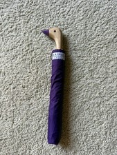 Vintage 1980s Purple Classic Wood Duck Handle Push Button Compact Umbrella