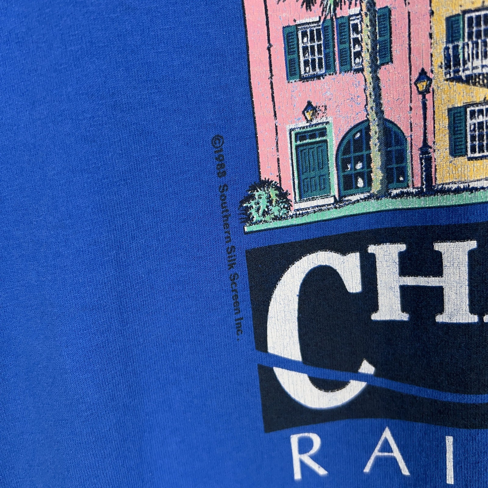 Camicia Charleston vintage uomo XL blu fila arcobaleno South Carolina maglietta grafica anni 80