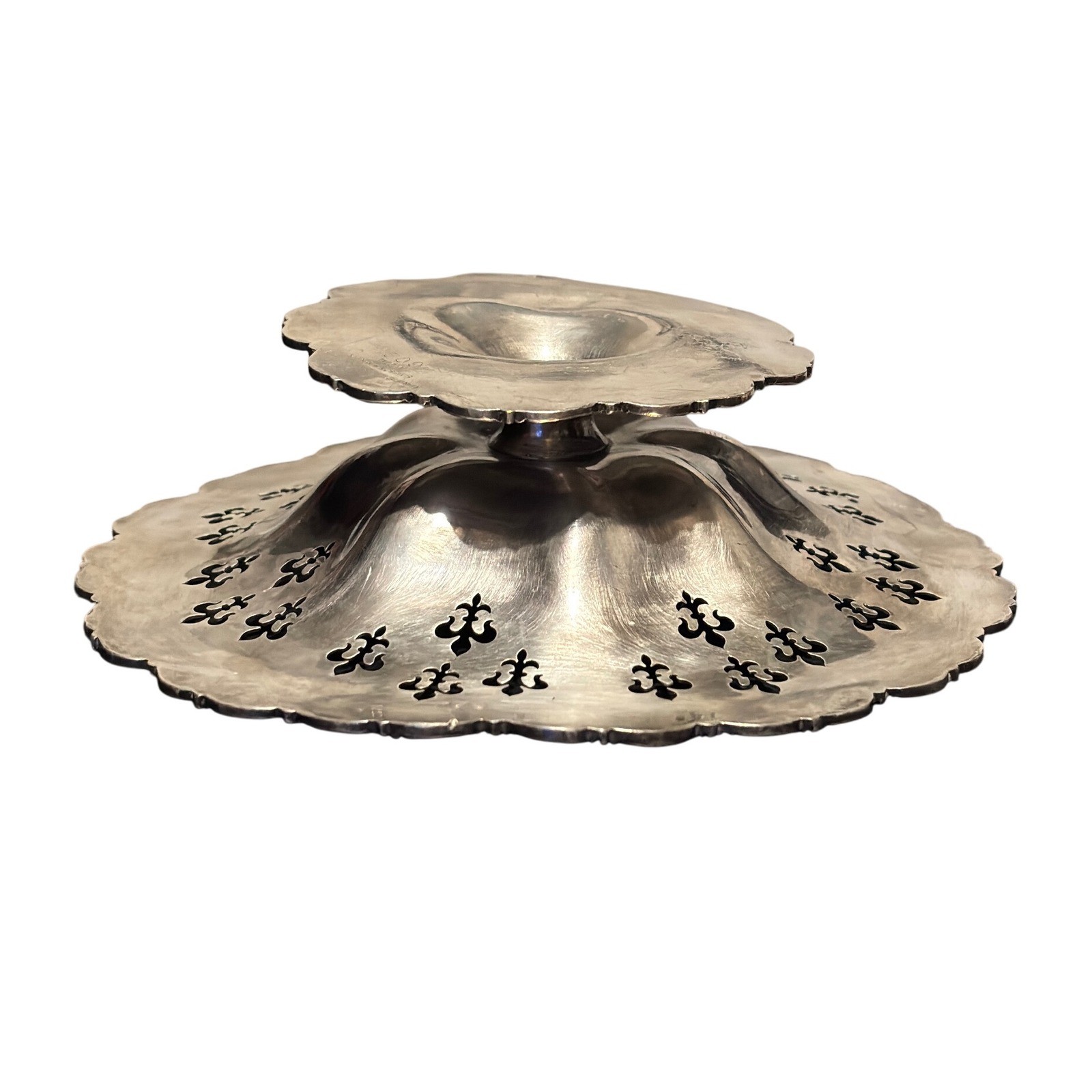 Vintage Silver Plated Footed Compote Bowl Fleur de Lis Cutout Ornate Pedestal