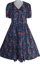 VINTAGE Laura Ashley Sz 10 12 UK Blue Fitted Floral Edwardian Modest TEA Dress