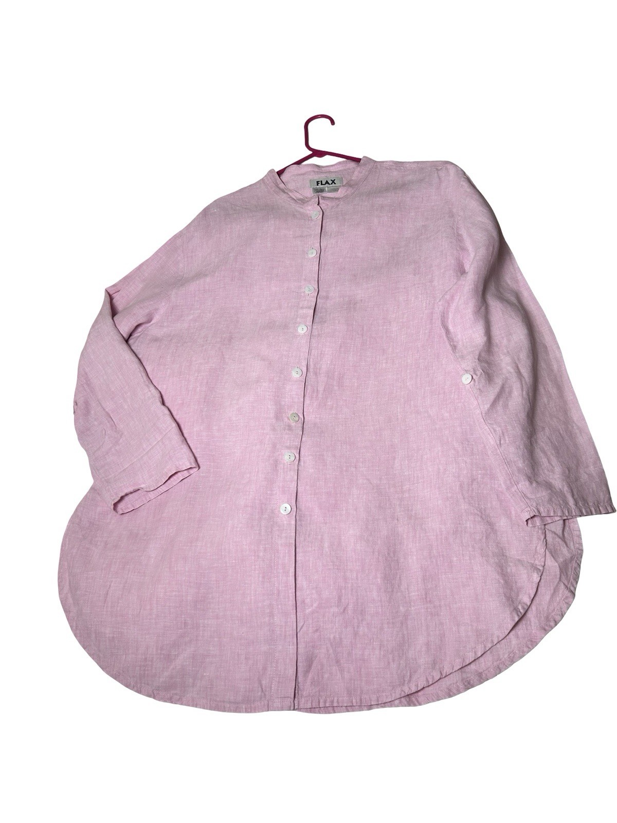 FLAX Jeanne Engelhart Button Up Tunic Shirt Dress Sz Large Pink Long Sleeve READ