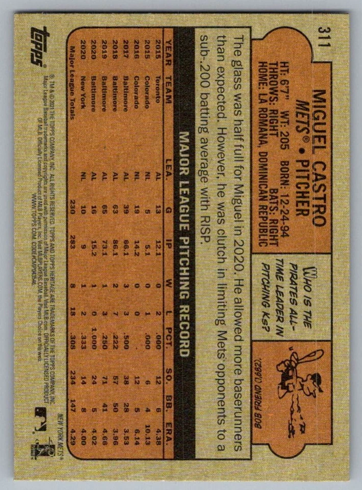 2021 Topps Heritage Miguel Castro New York Mets #311 - Image 2 of 2