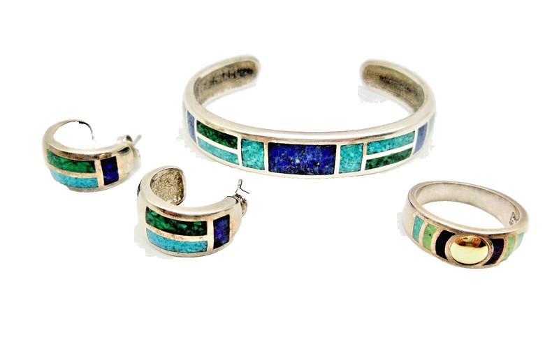 Vintage Coleman CCO Stone Inlay SS Cuff Bracelet Ring & Huggie Earring Set 44g