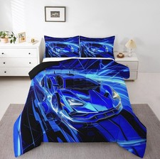 Queen Comforter Set Race Car Blue 1 Comforter with 2 Pillowcases Bedding
