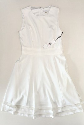 Calvin Klein Dress Womens Sz 10 Cream/White Sleeveless Illusion-Trim Fit & Flare