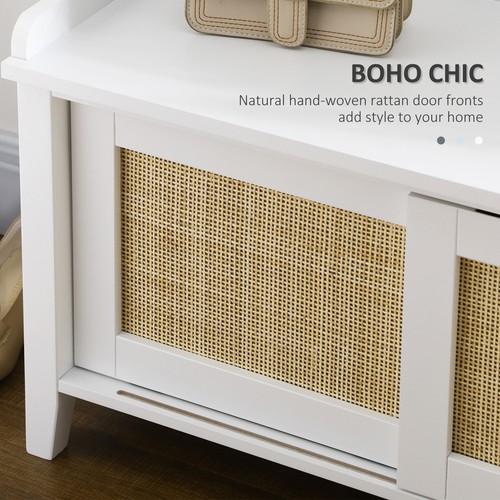 Small Shoe Bench with Storage Boho Entryway Bench with Shoe Cabinets White - Picture 5 of 11