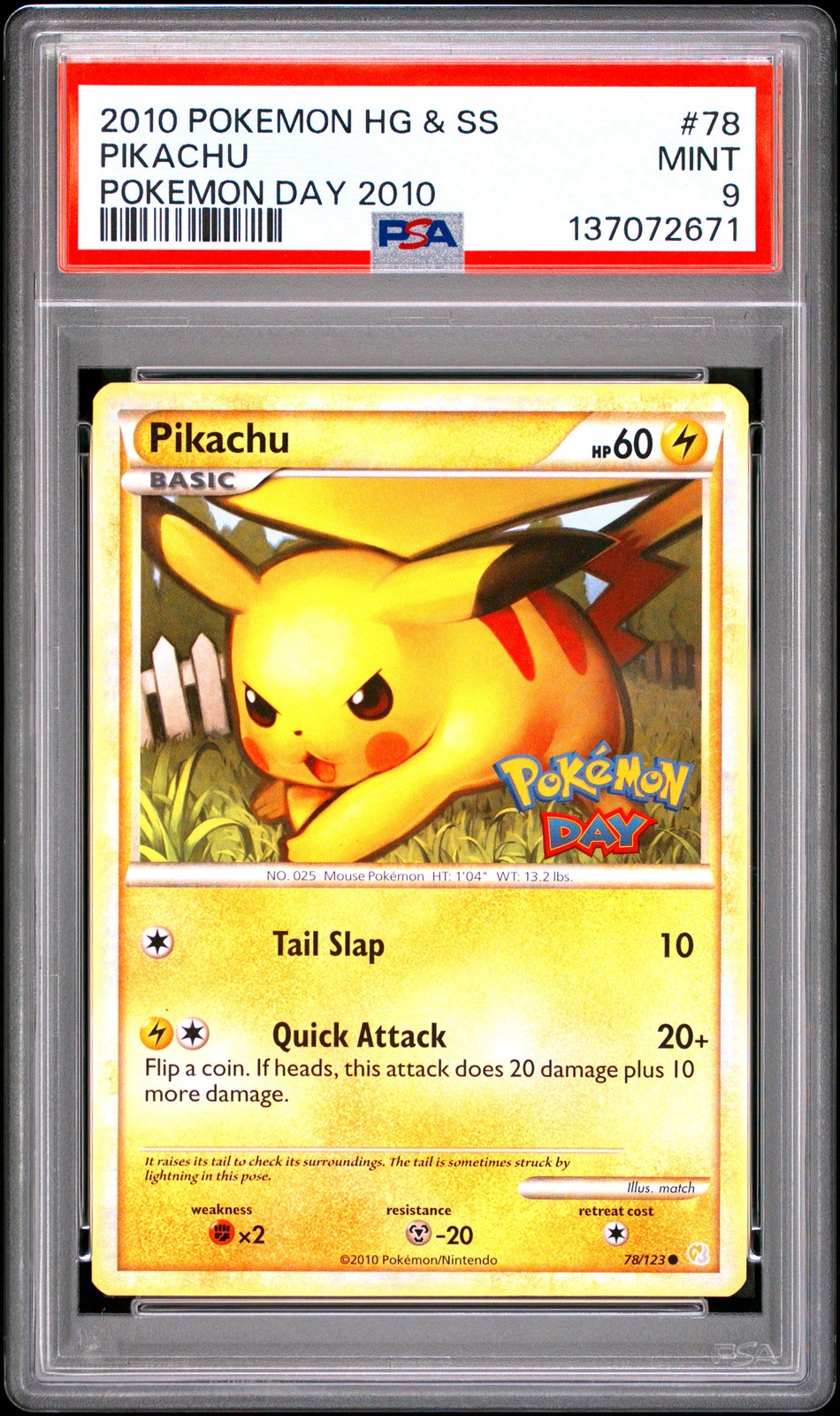 Pokemon Pikachu Heartgold & Soulsilver 78/123 Pokemon Day 2010 PSA 9
