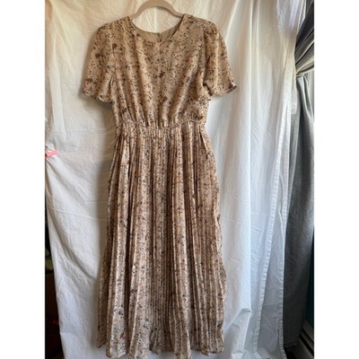 Hayden Los Angeles Floral Pleated Midi Dress Tan Flutter Sleeve Small