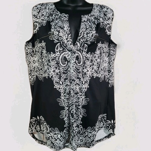 Tango Mango Split Neck Blouse Size L Faux Zippers B&W Lace Print Sleeveless