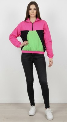 Vintage Womens 80s 90s Shell Shock Neon Color Block Half Zip Windbreaker Pink 