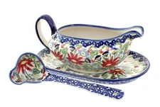 Blue Rose Polish Pottery Jungle Bouquet Gravy Boat & Ladle